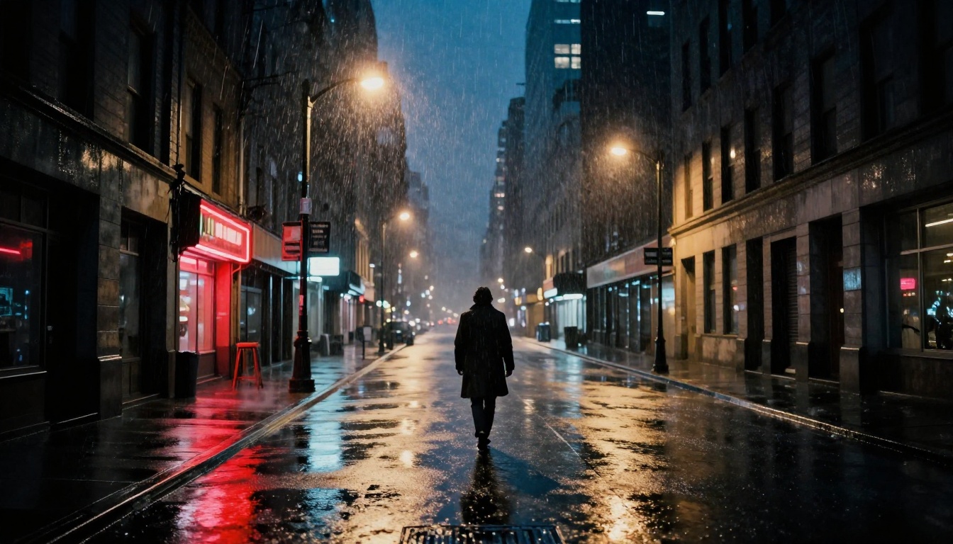 A lone figure walks down a rain-soaked noir city street at night, the atmosphere of a crime thriller cover