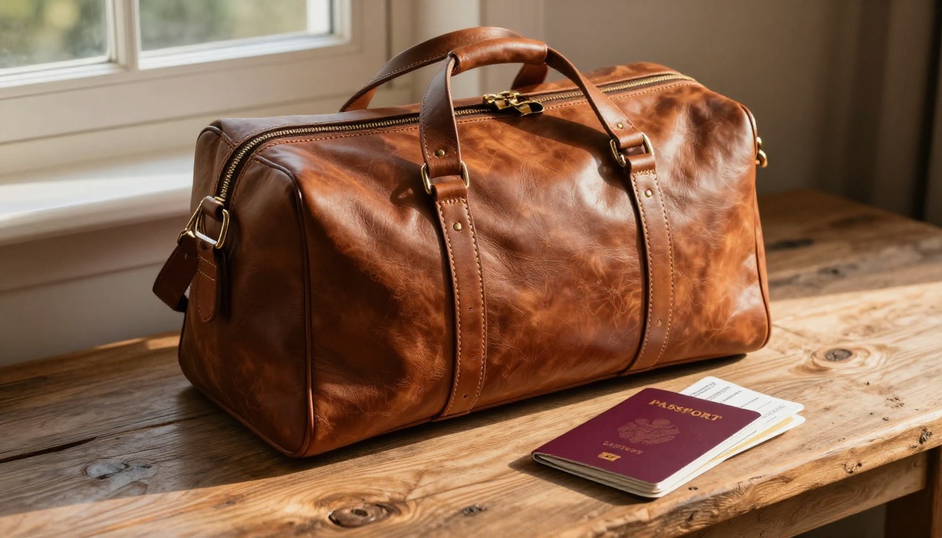 Leather travel bag lifestyle product shot on wooden surface with morning window light