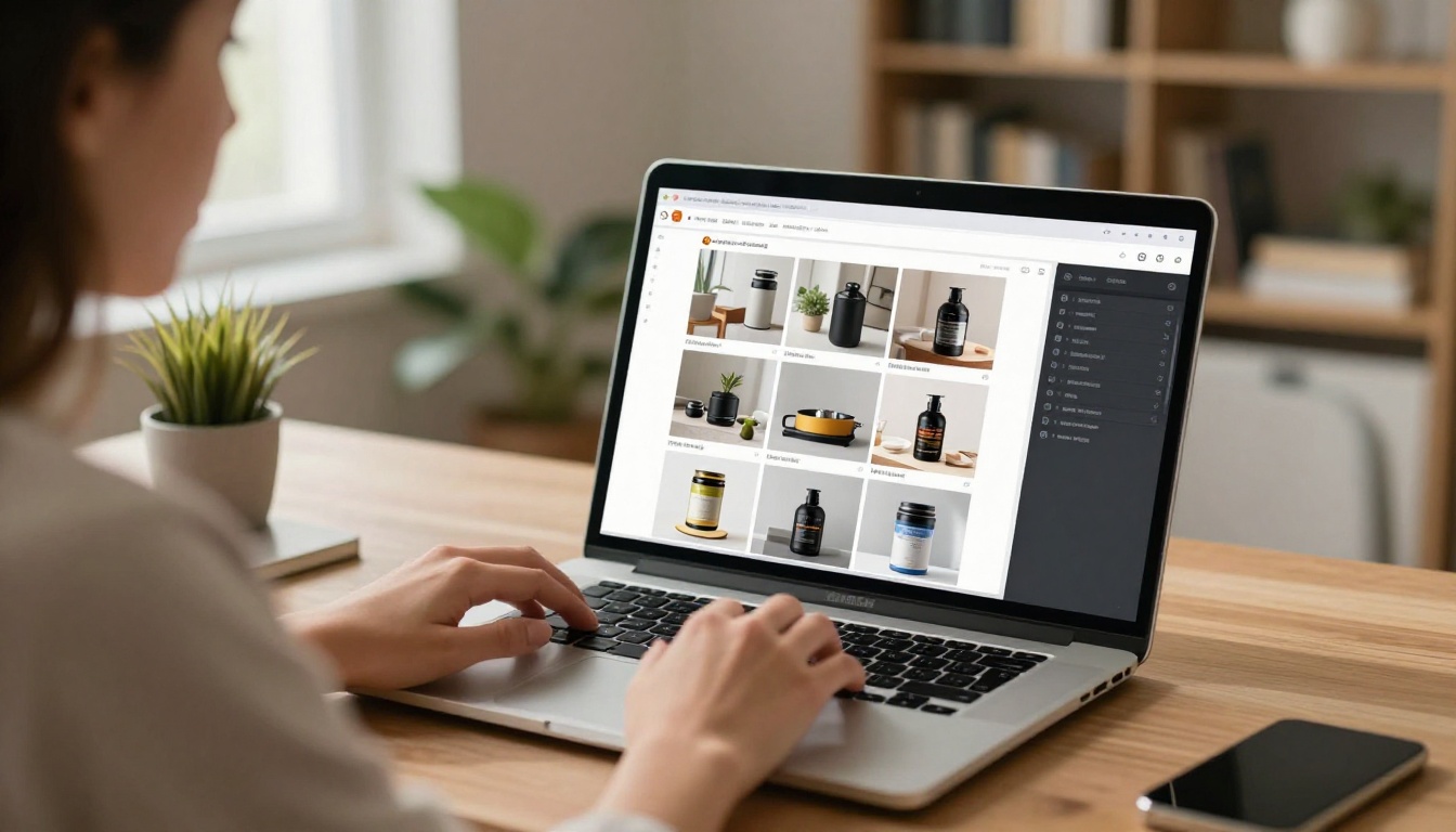 Dropshipper working on AI-generated product ads at a home office desk