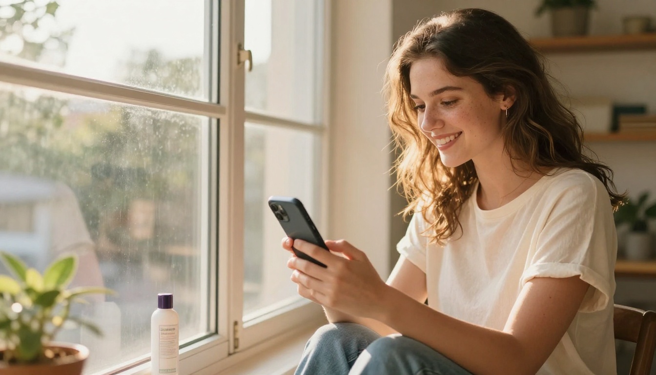 Woman photographing product near a window with warm afternoon backlight for social media ads