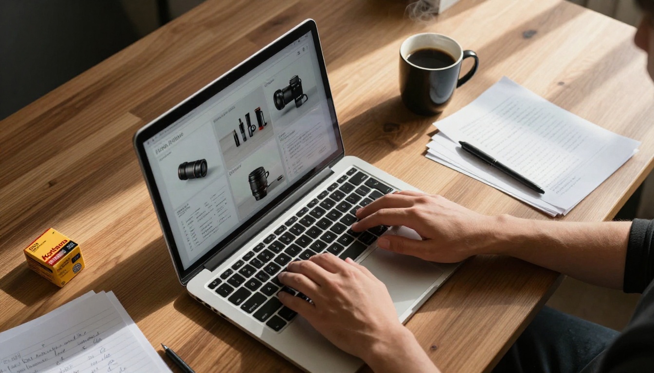 Aerial top-down view of a workspace with laptop, tablet showing product images, and coffee