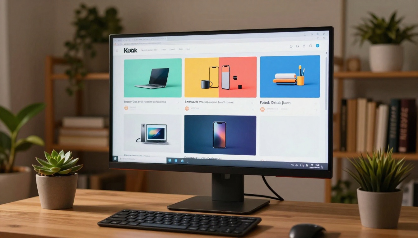 Computer monitor displaying colorful social media ad layouts in a minimalist home office