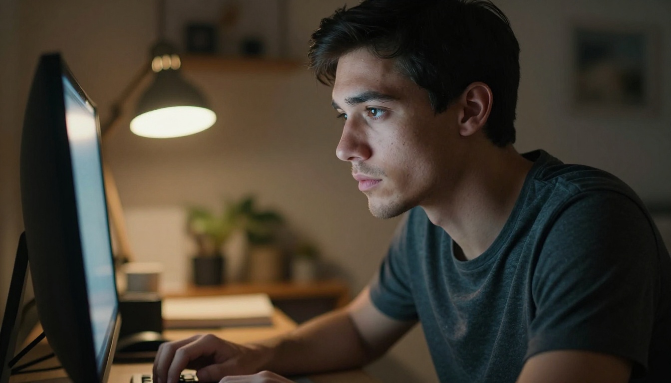 Focused entrepreneur working on AI-generated ad campaigns at a desktop computer at night
