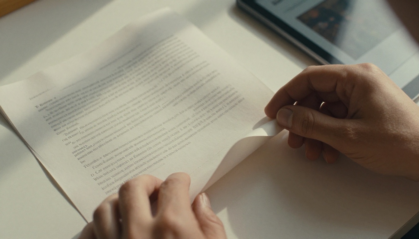 PDF documents spread on a white desk with a hand turning a page beside a tablet showing a flipbook