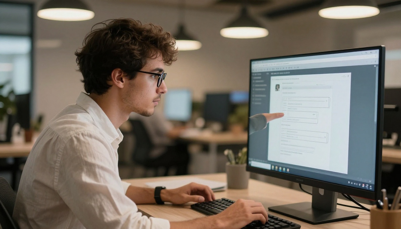 Young man focused on uploading a file on a widescreen monitor at a modern coworking space