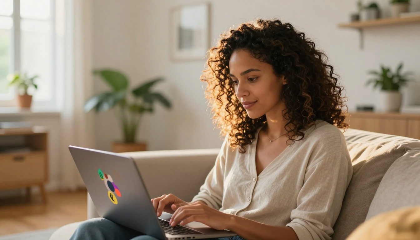 Creative woman with natural curly hair smiling at a colorful digital flipbook on her laptop in a bright Scandinavian apartment