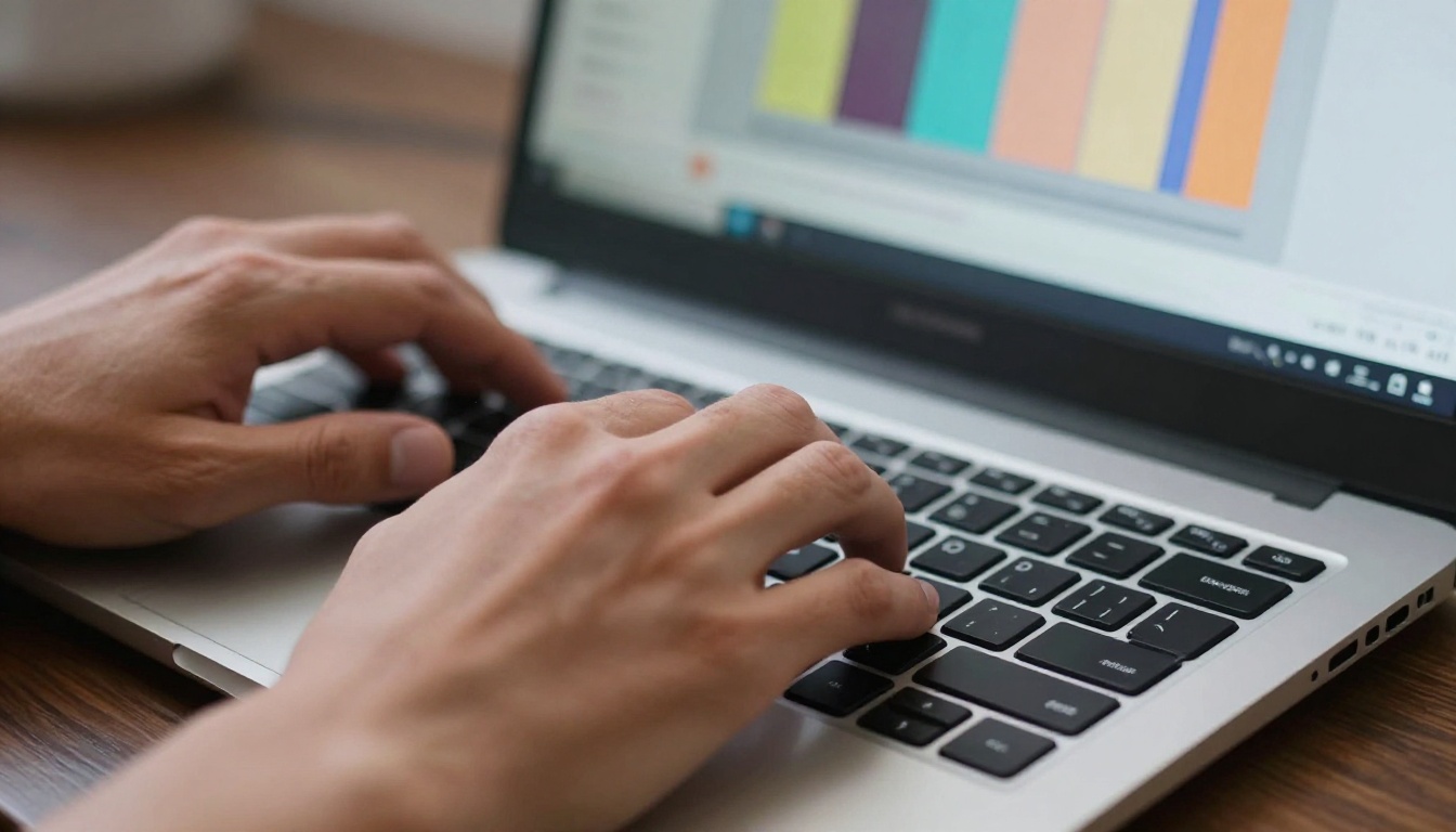 Masculine hands typing on a laptop keyboard with a color customization interface visible on screen in soft focus