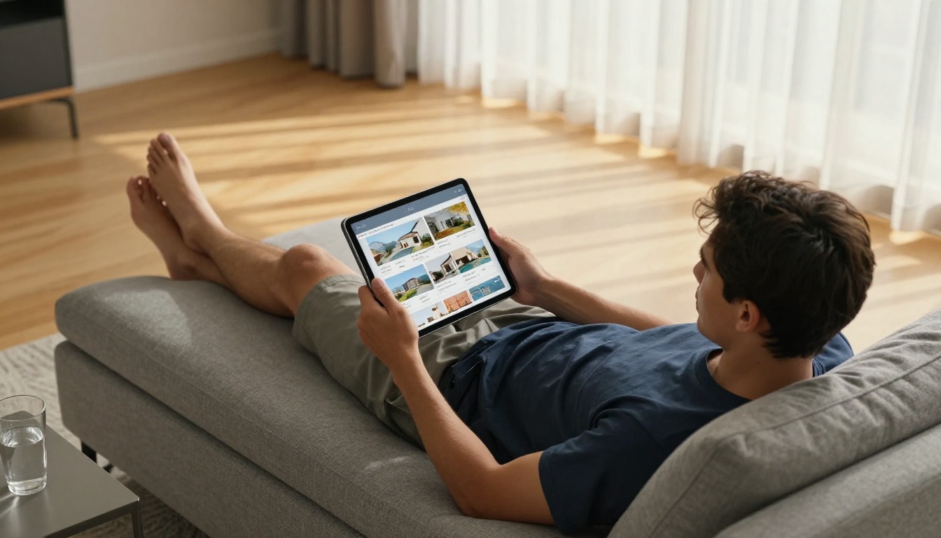 Man browsing a real estate flipbook on a tablet from the couch