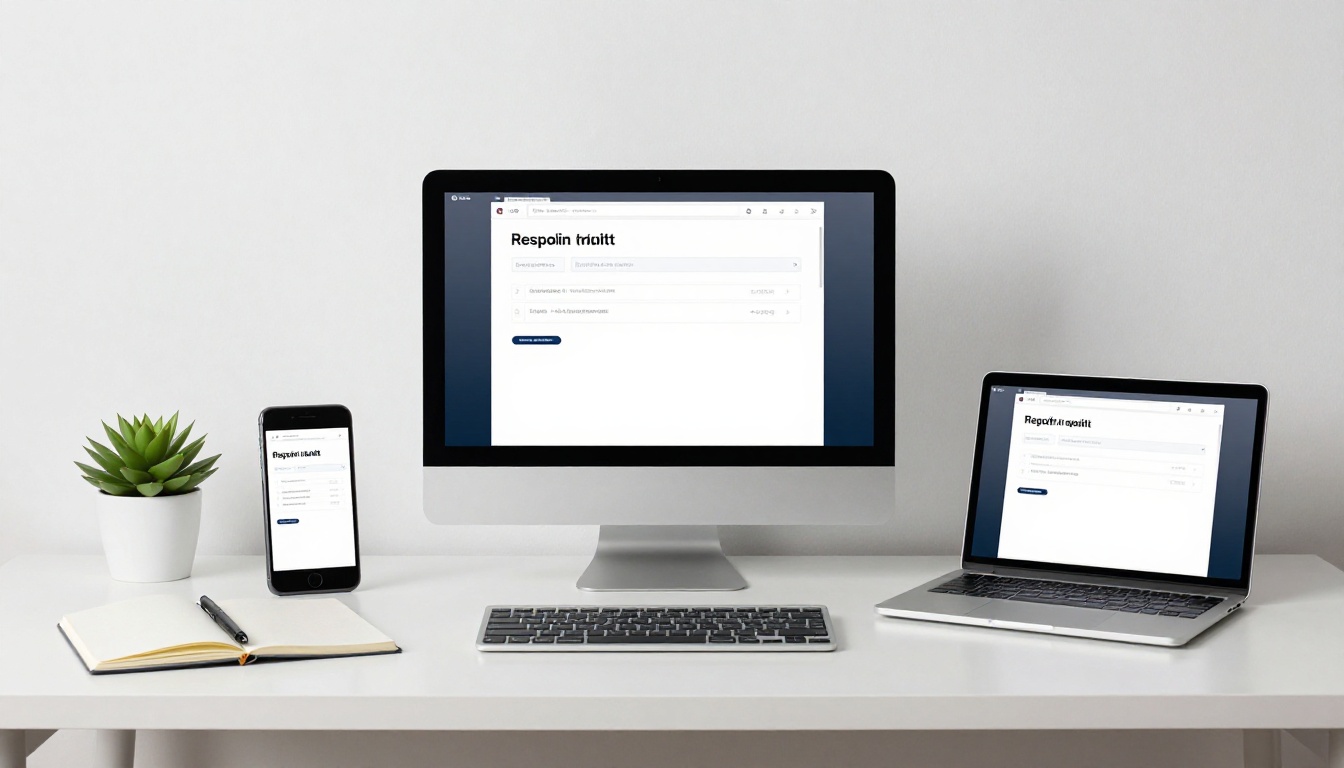Aerial flat-lay of a laptop, tablet, and smartphone all showing the same flipbook in a responsive multi-device setup