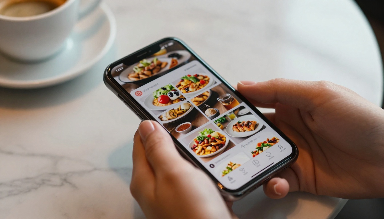 Close-up of hands holding phone showing a restaurant menu flipbook