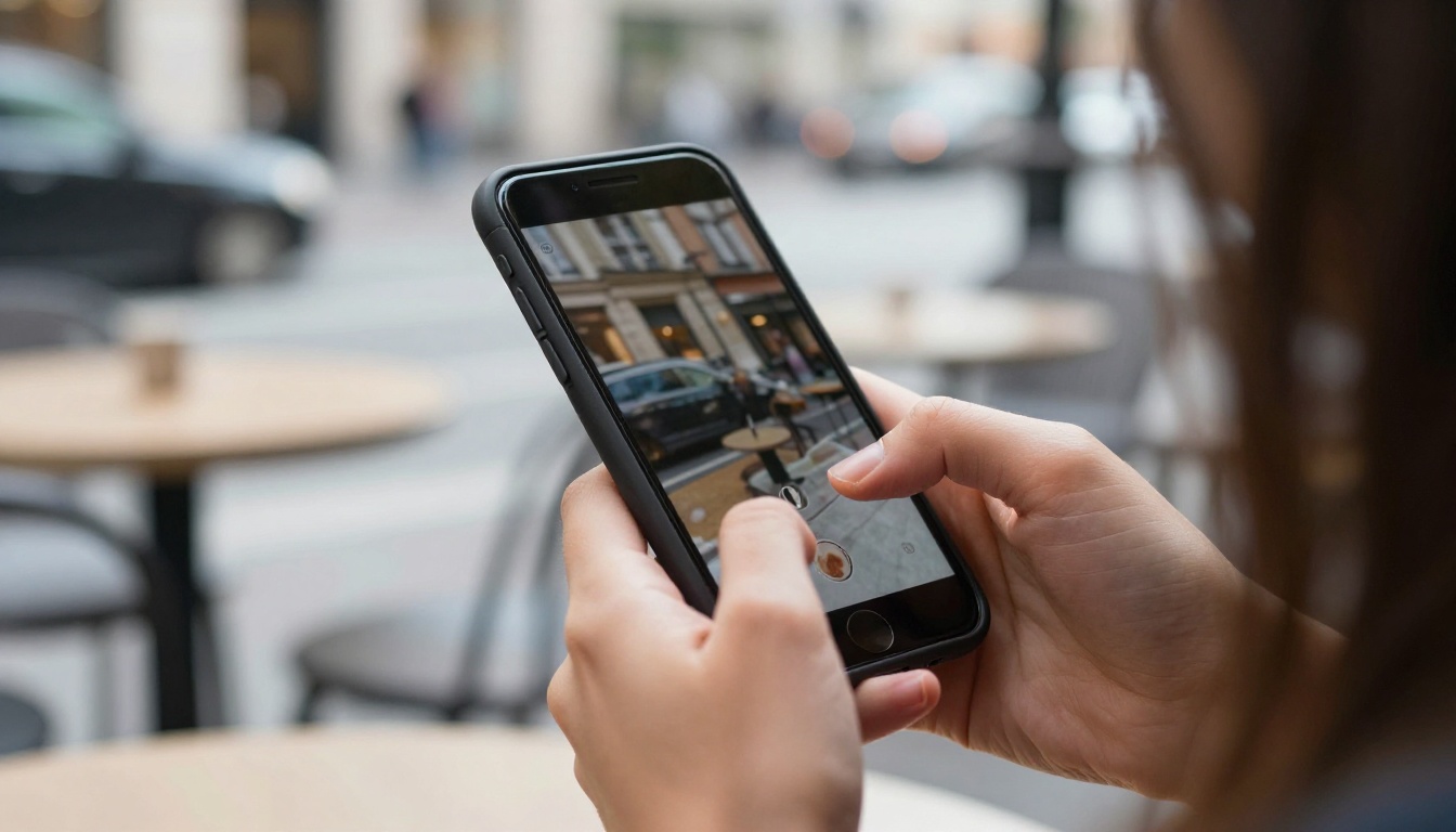 Woman swiping through a mobile flipbook on her smartphone at an outdoor cafe with blurred urban background