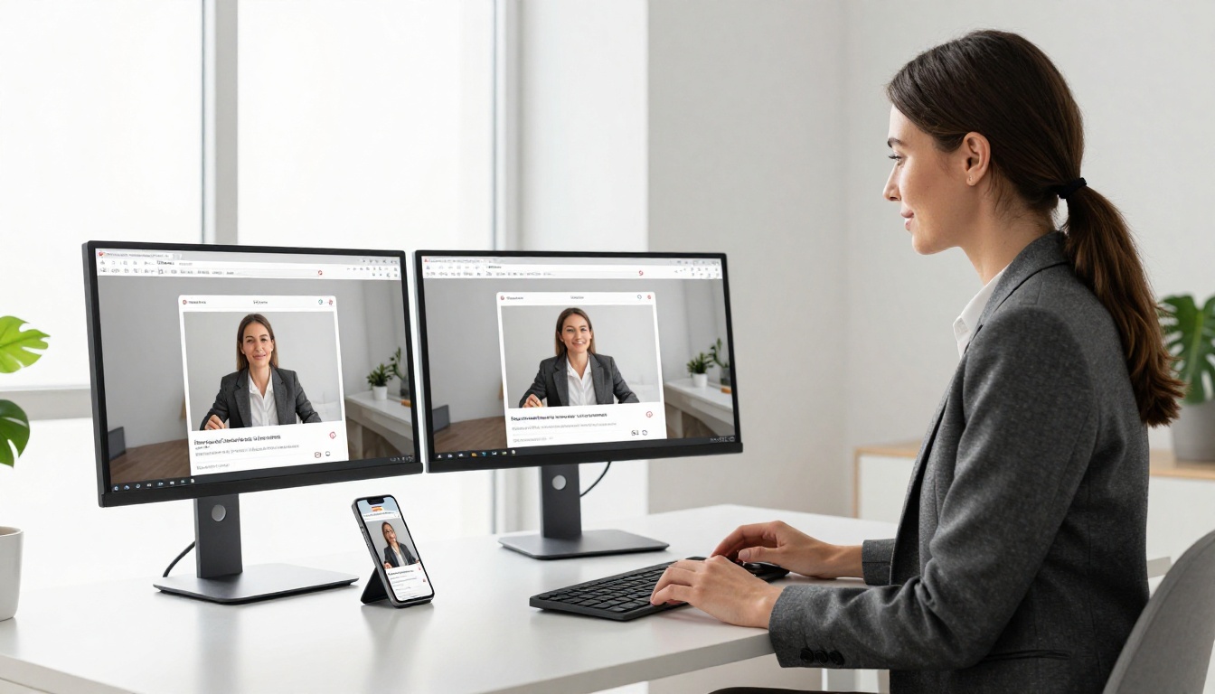 Woman at standing desk with three screens all showing the same flipbook