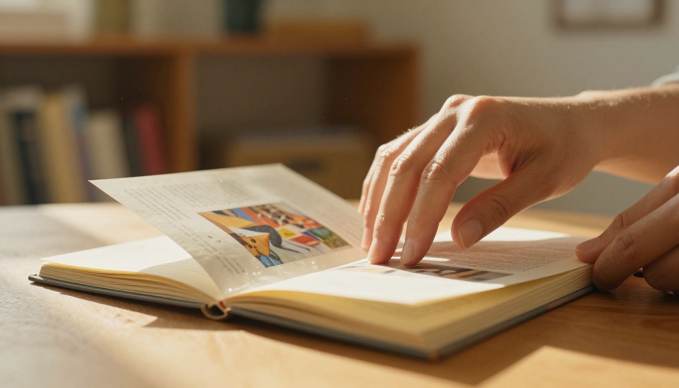 Hands gently flipping through a printed booklet on a warm oak desk, pages caught mid-flip with afternoon sunlight Hands gently flipping through a printed booklet on a warm oak desk, pages caught mid-flip with afternoon sunlight