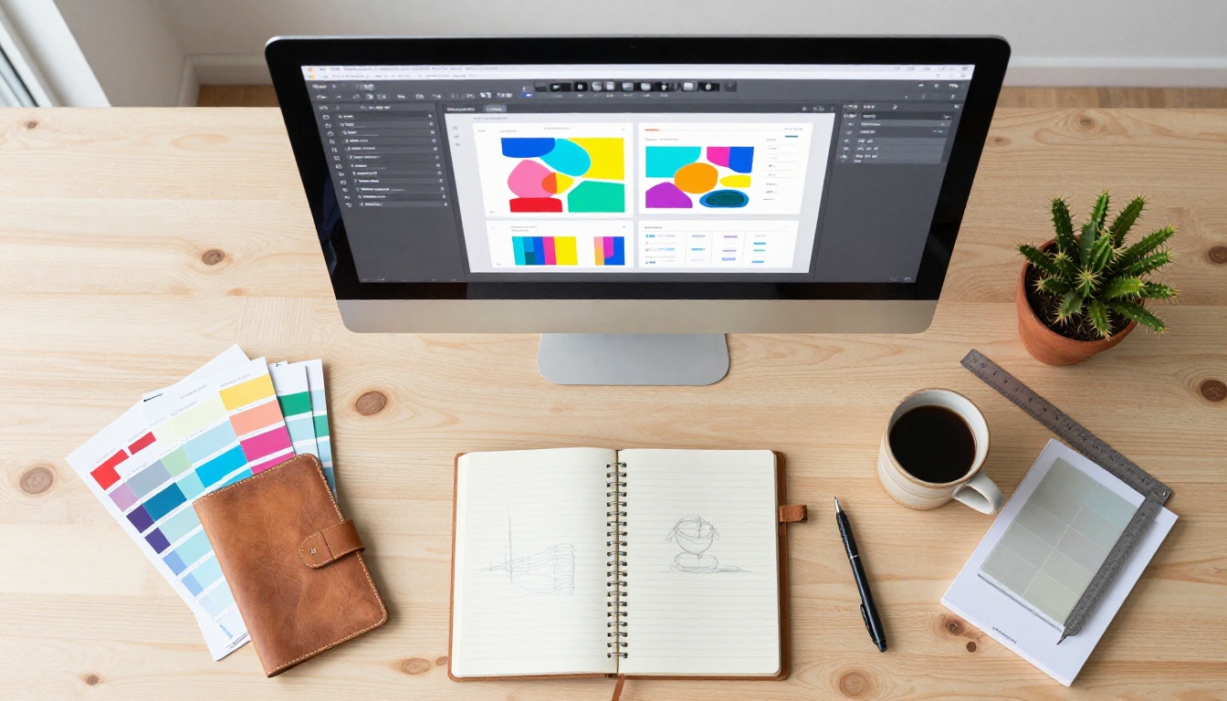 Aerial flat-lay of designer workspace with iMac showing flipbook editor