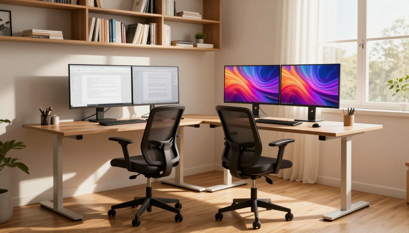 Modern home office with dual monitors showing a PDF document and its flipbook version side-by-side in warm afternoon light