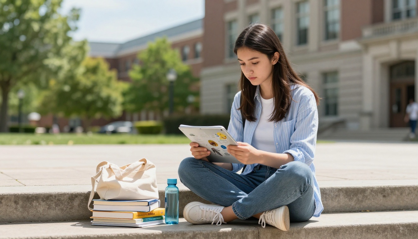 Student on campus steps reading educational flipbook on tablet