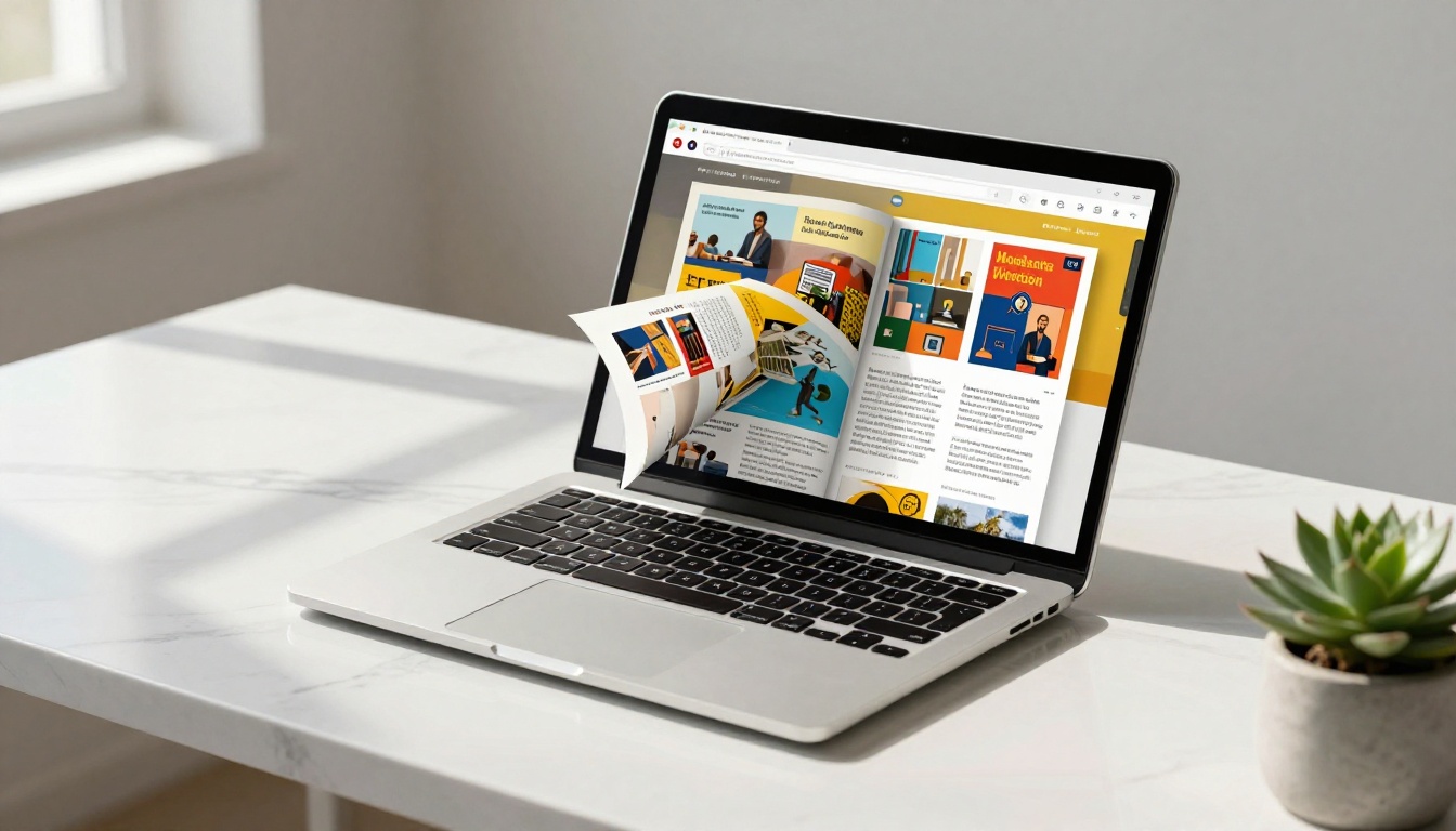 Laptop on white marble desk showing browser with vivid interactive flipbook mid-page-turn animation, soft directional window light Laptop on white marble desk showing browser with vivid interactive flipbook mid-page-turn animation, soft directional window light