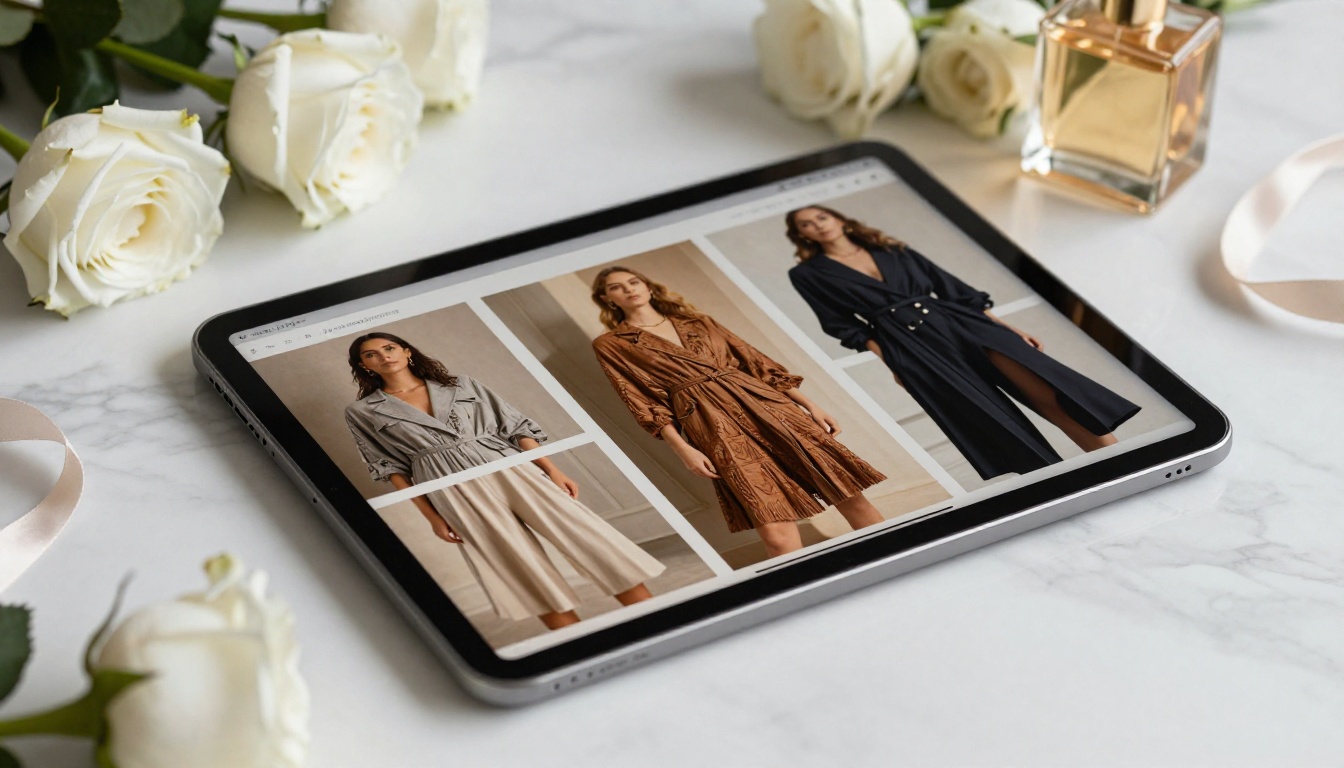 Fashion catalog flipbook on tablet on marble surface with white roses Fashion catalog flipbook on tablet on marble surface with white roses