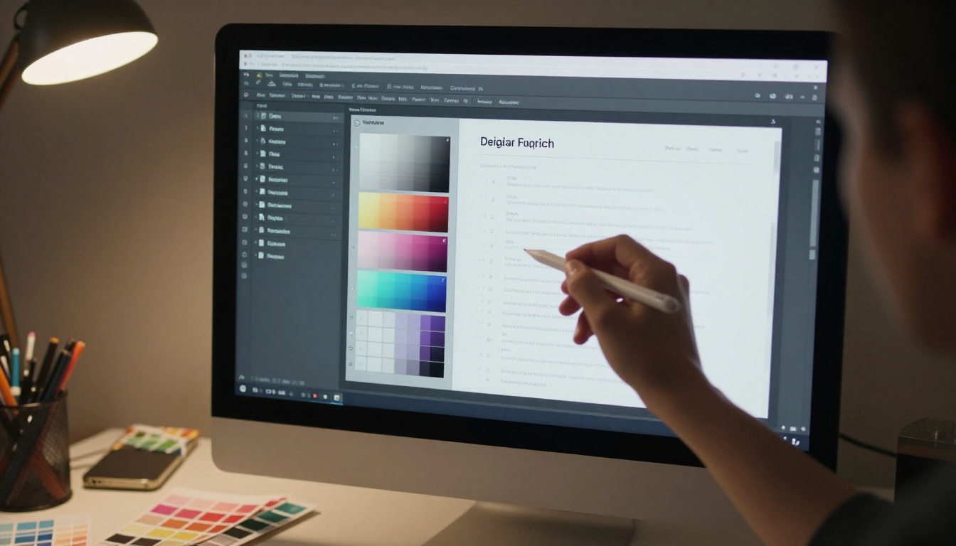 Desktop monitor showing web-based customization panel with color swatches, font selectors, and a live flipbook preview, warm LED studio lighting Desktop monitor showing web-based customization panel with color swatches, font selectors, and a live flipbook preview, warm LED studio lighting