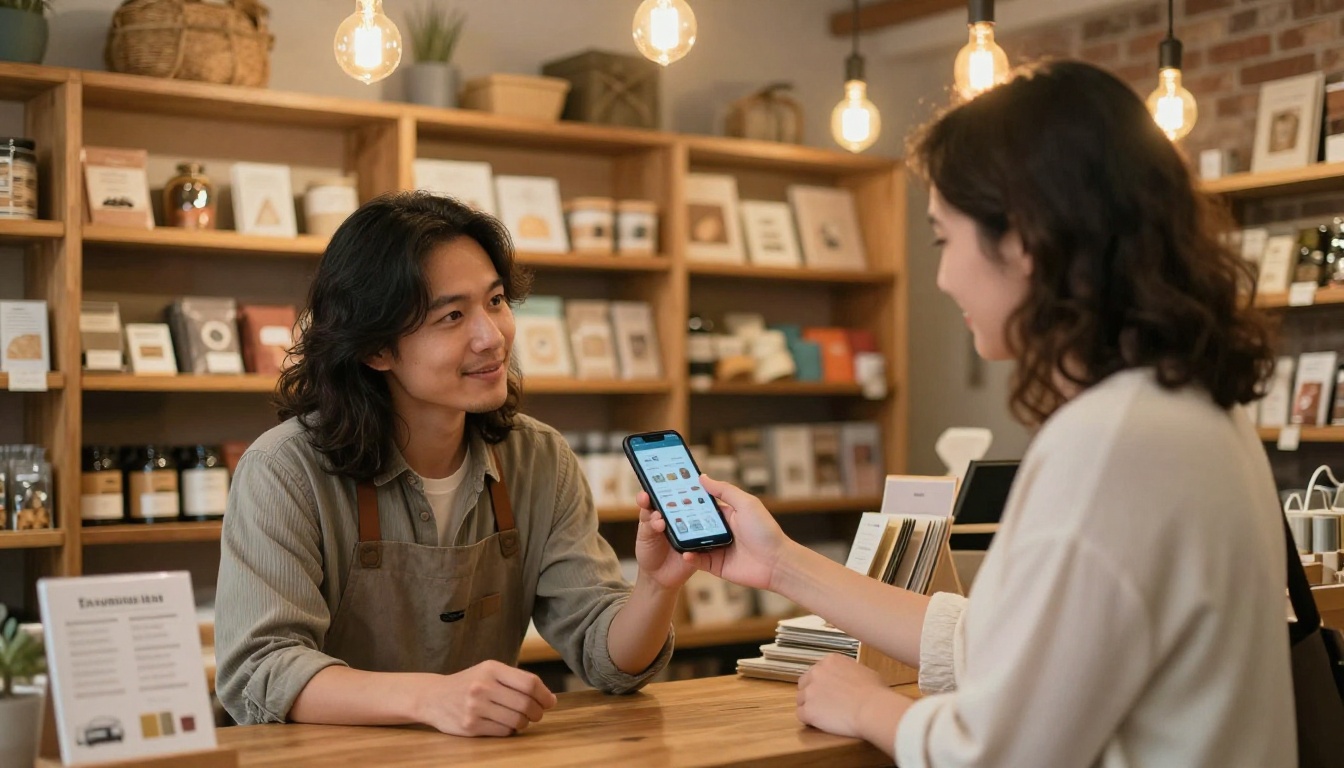 Small business owner showing product catalog on phone to a customer Small business owner showing product catalog on phone to a customer