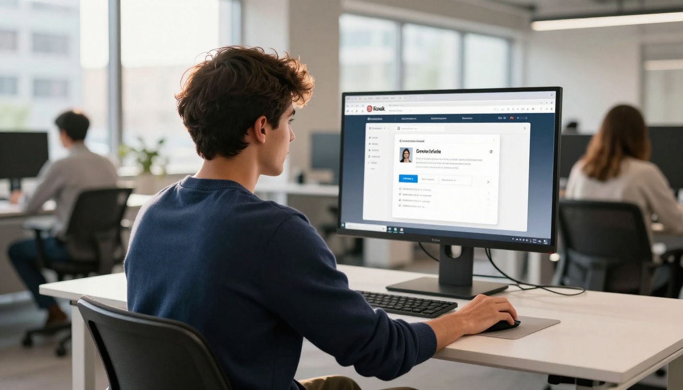 Over-the-shoulder view: young man at ultrawide monitor looking at embed code panel and share options dialog over a digital flipbook, bright contemporary office Over-the-shoulder view: young man at ultrawide monitor looking at embed code panel and share options dialog over a digital flipbook, bright contemporary office