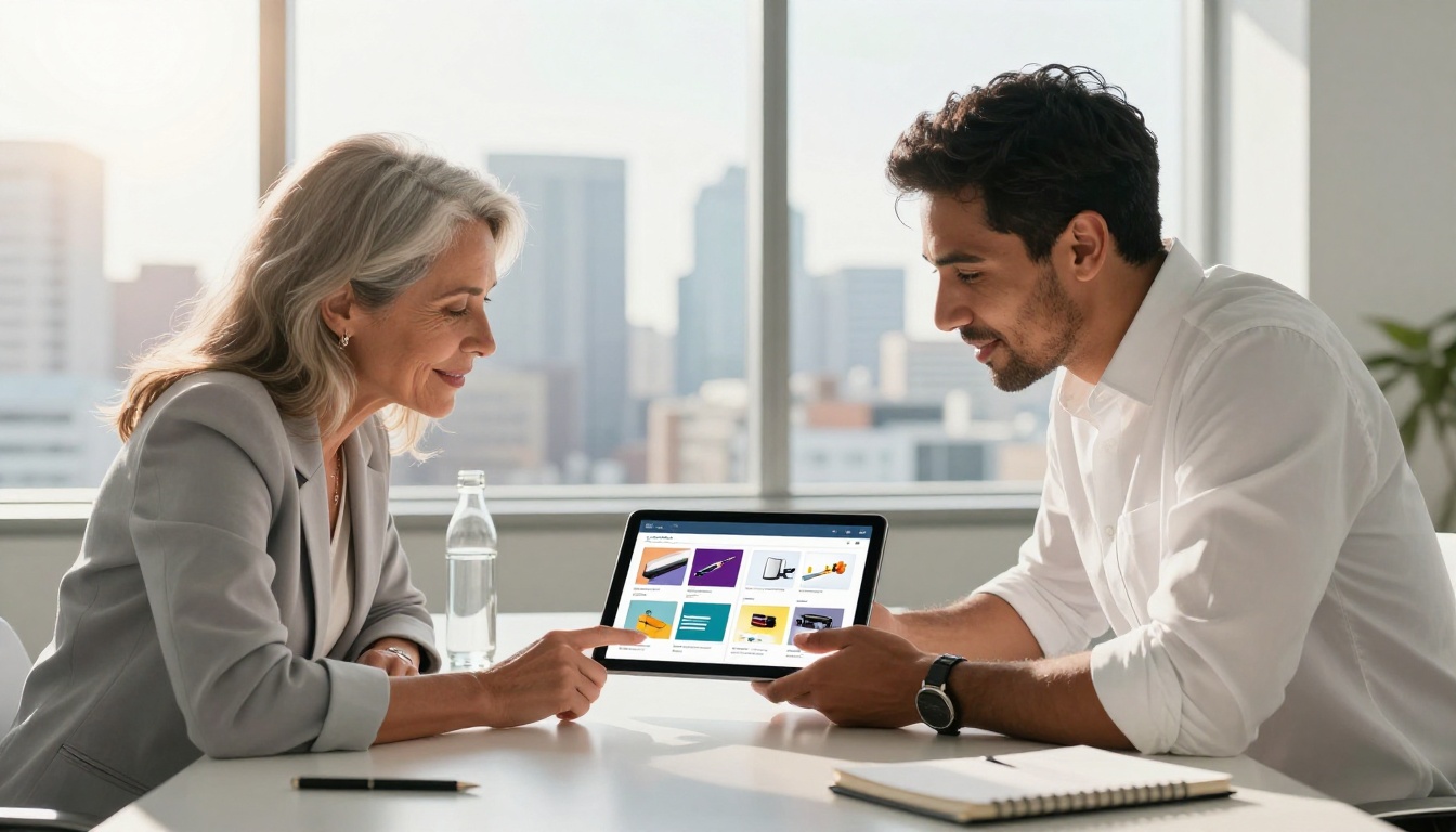 Two business professionals leaning over a conference table looking at an interactive flipbook on a tablet, floor-to-ceiling windows with city skyline morning light Two business professionals leaning over a conference table looking at an interactive flipbook on a tablet, floor-to-ceiling windows with city skyline morning light