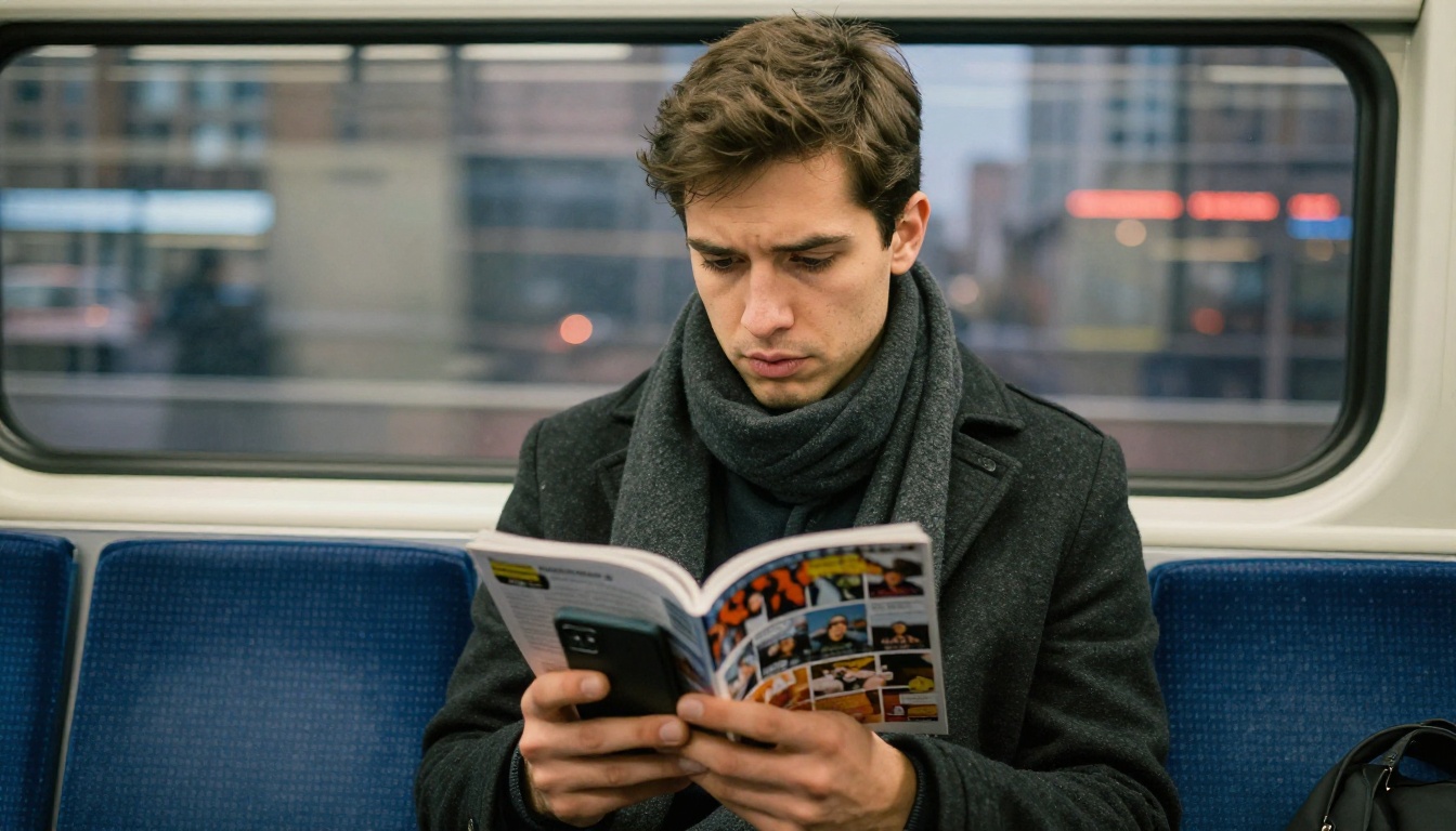 Man on commuter train reading digital magazine flipbook on phone Man on commuter train reading digital magazine flipbook on phone