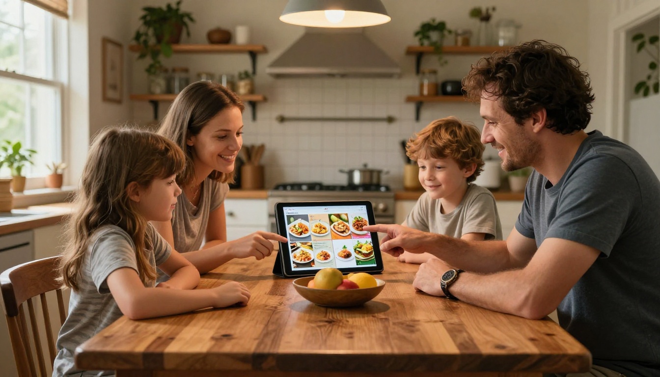Family gathered at kitchen table looking at recipe flipbook on a tablet Family gathered at kitchen table looking at recipe flipbook on a tablet