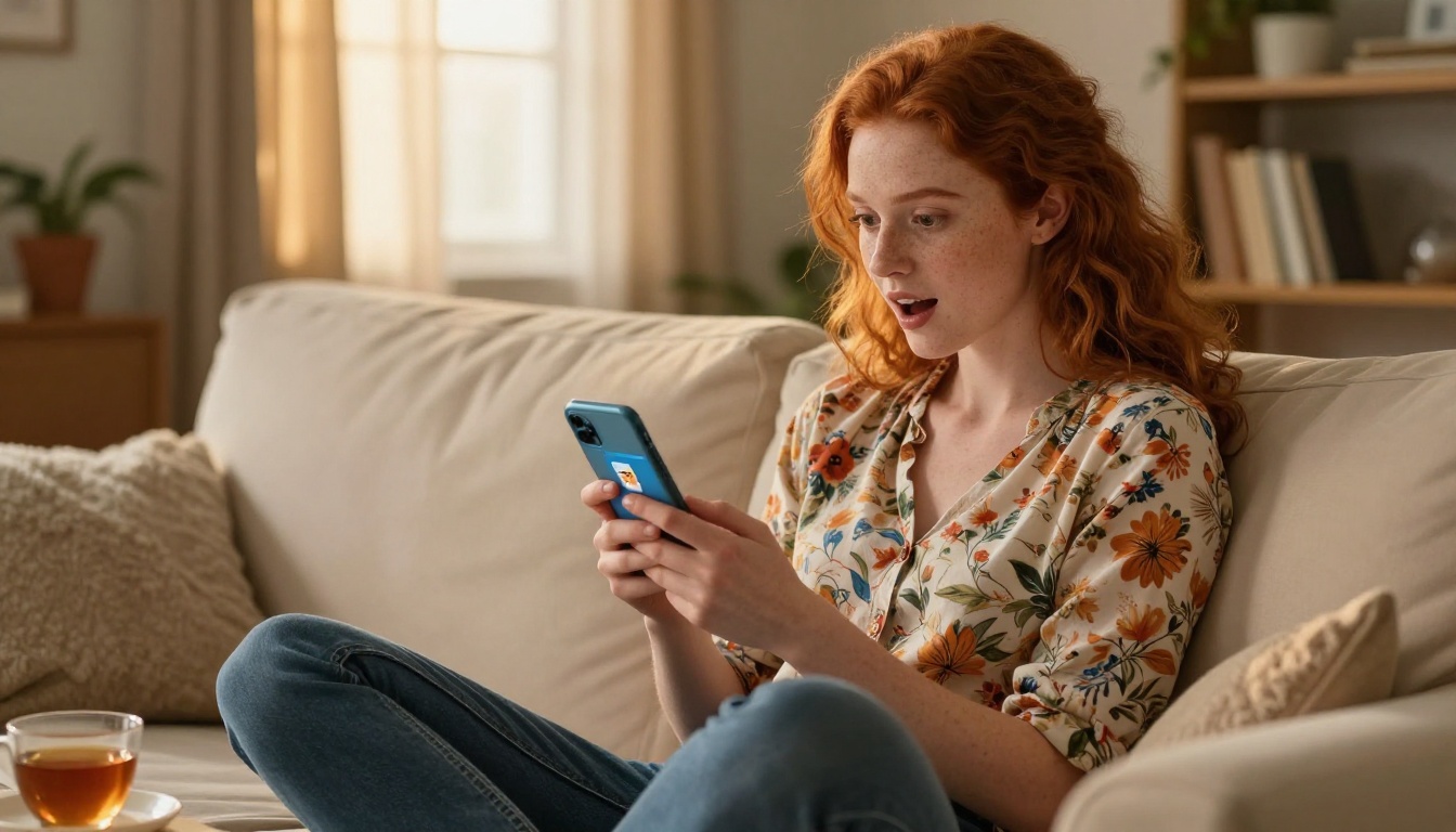 Young woman with red hair sitting cross-legged on cream sofa, smiling at a mobile-optimized digital flipbook on her smartphone, warm afternoon light Young woman with red hair sitting cross-legged on cream sofa, smiling at a mobile-optimized digital flipbook on her smartphone, warm afternoon light