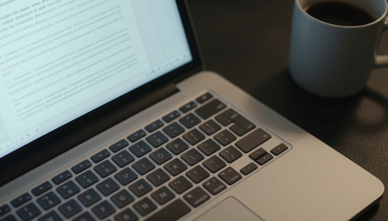 A laptop screen showing a flat, uninviting PDF document with dense text columns under harsh fluorescent office lighting
