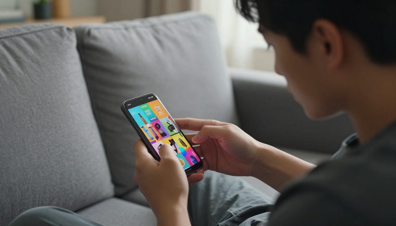 A young man relaxed on a gray sofa, scrolling through a vibrant flipbook on a smartphone in warm natural morning window light