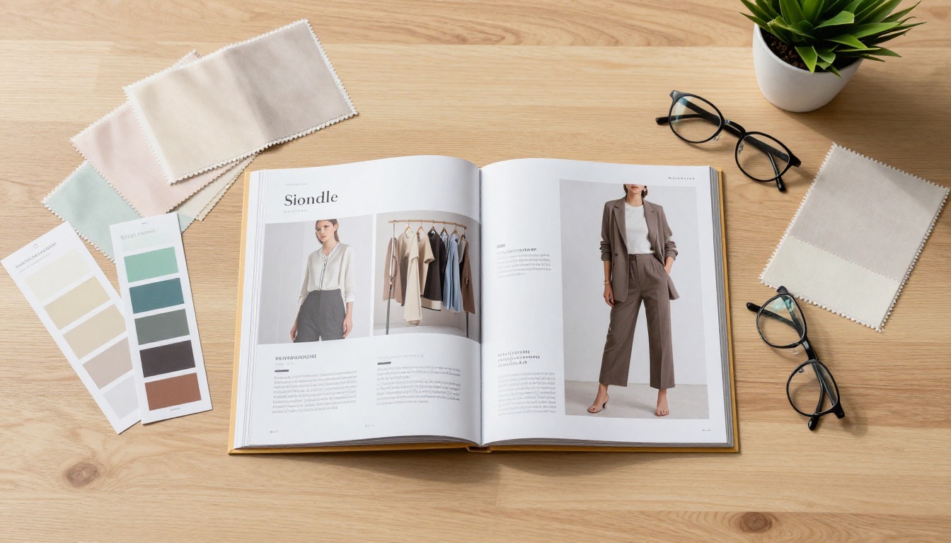 Fashion catalog spread open on a table with fabric swatches and design materials