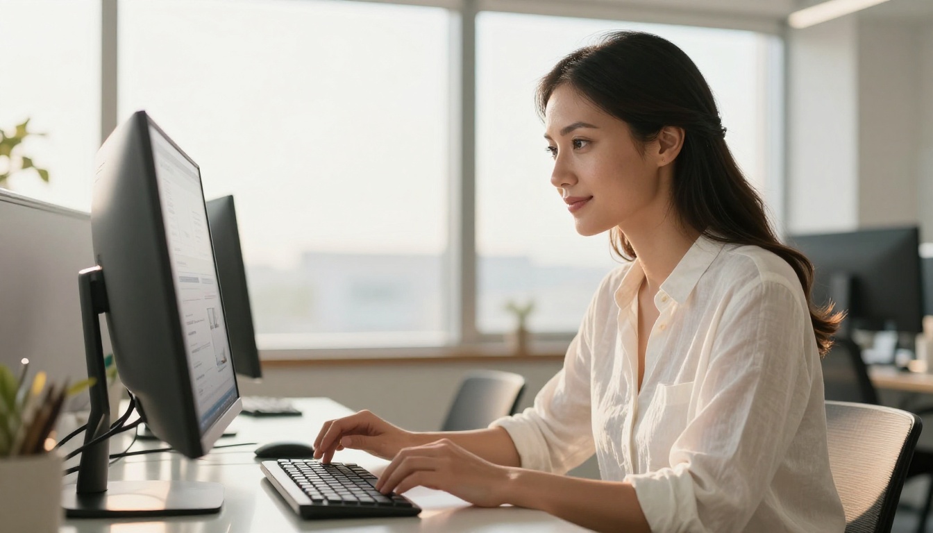 Professional woman reviewing a digital catalog on a large monitor in a bright office