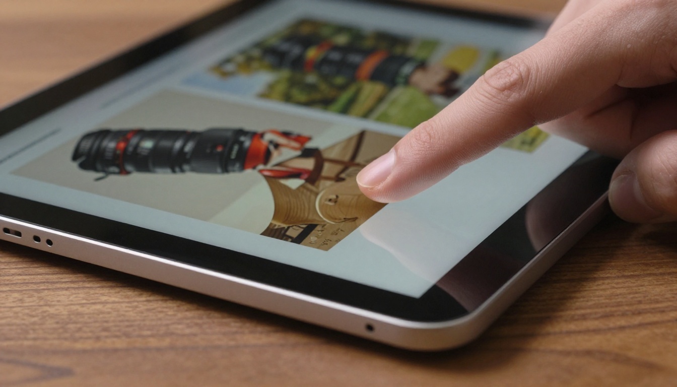 Close-up macro shot of a finger mid-page-turn on a tablet flipbook, showing the page-curl effect with vivid product photography on both pages