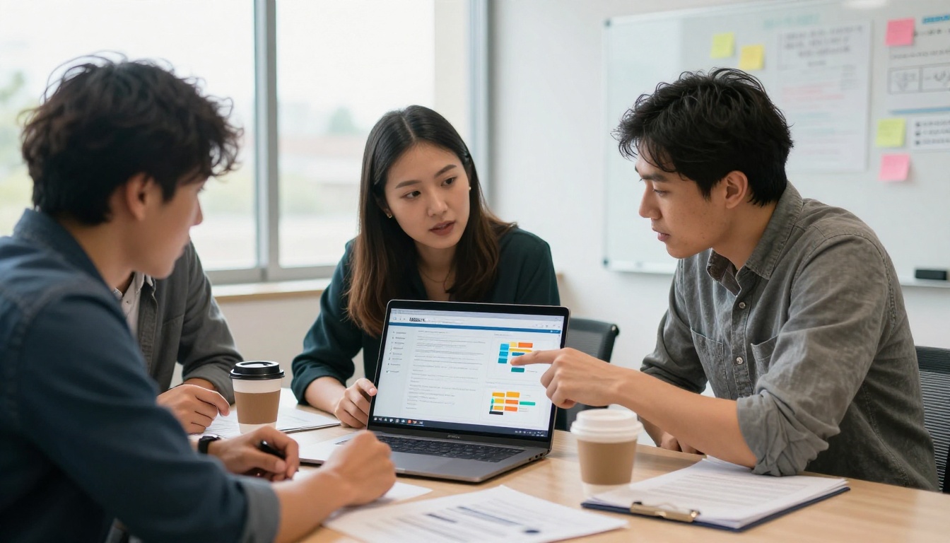 A marketing team of three professionals reviewing a digital catalog on a laptop in a bright conference room with whiteboard notes behind them