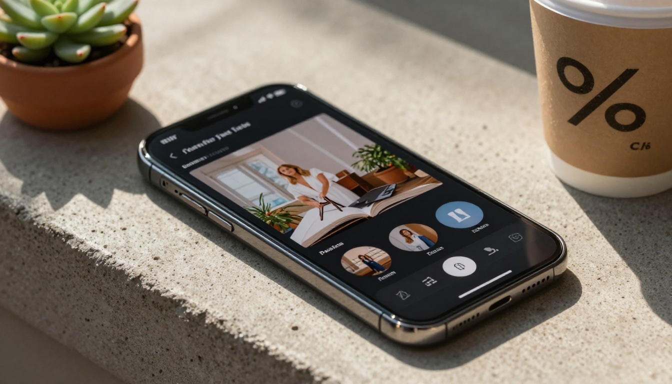 Smartphone displaying an interactive digital catalog with page-flip animation on a concrete surface