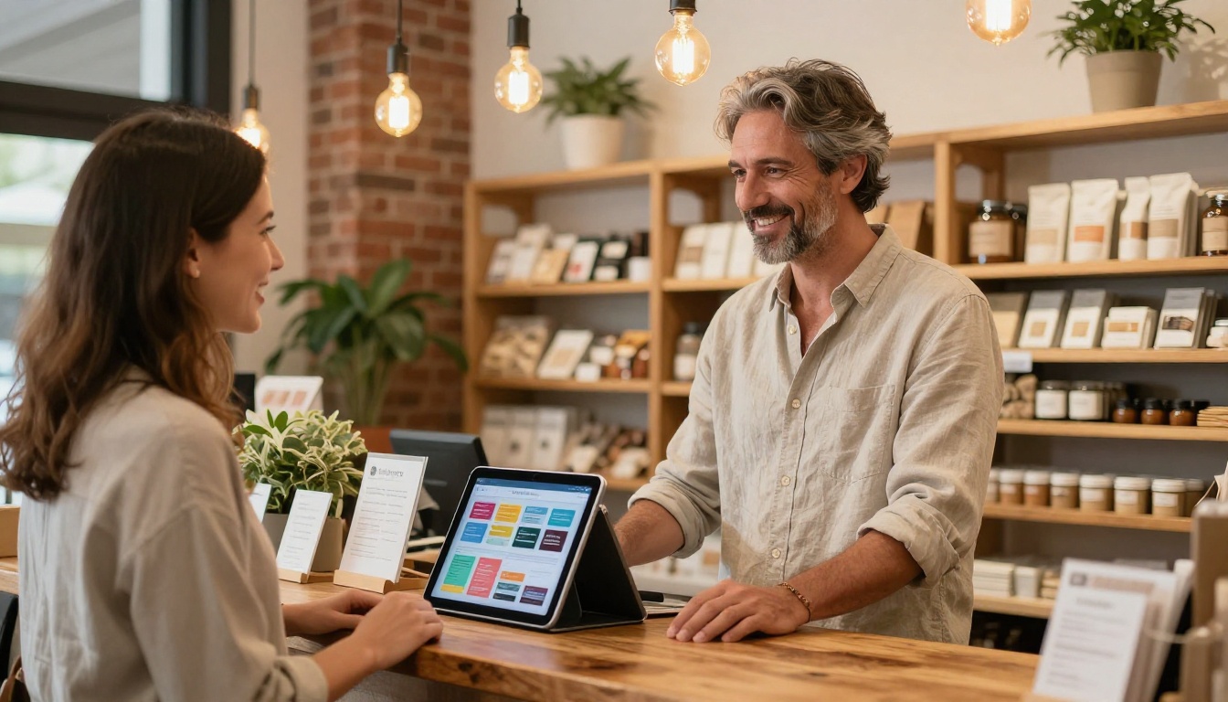 Retail store owner showing a digital catalog on an iPad to a customer