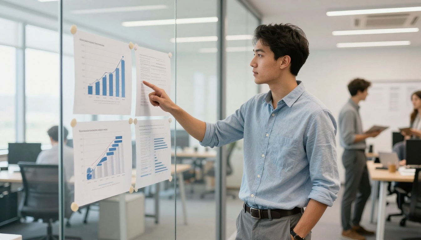 Marketing professional pointing at conversion charts Marketing professional pointing at conversion charts