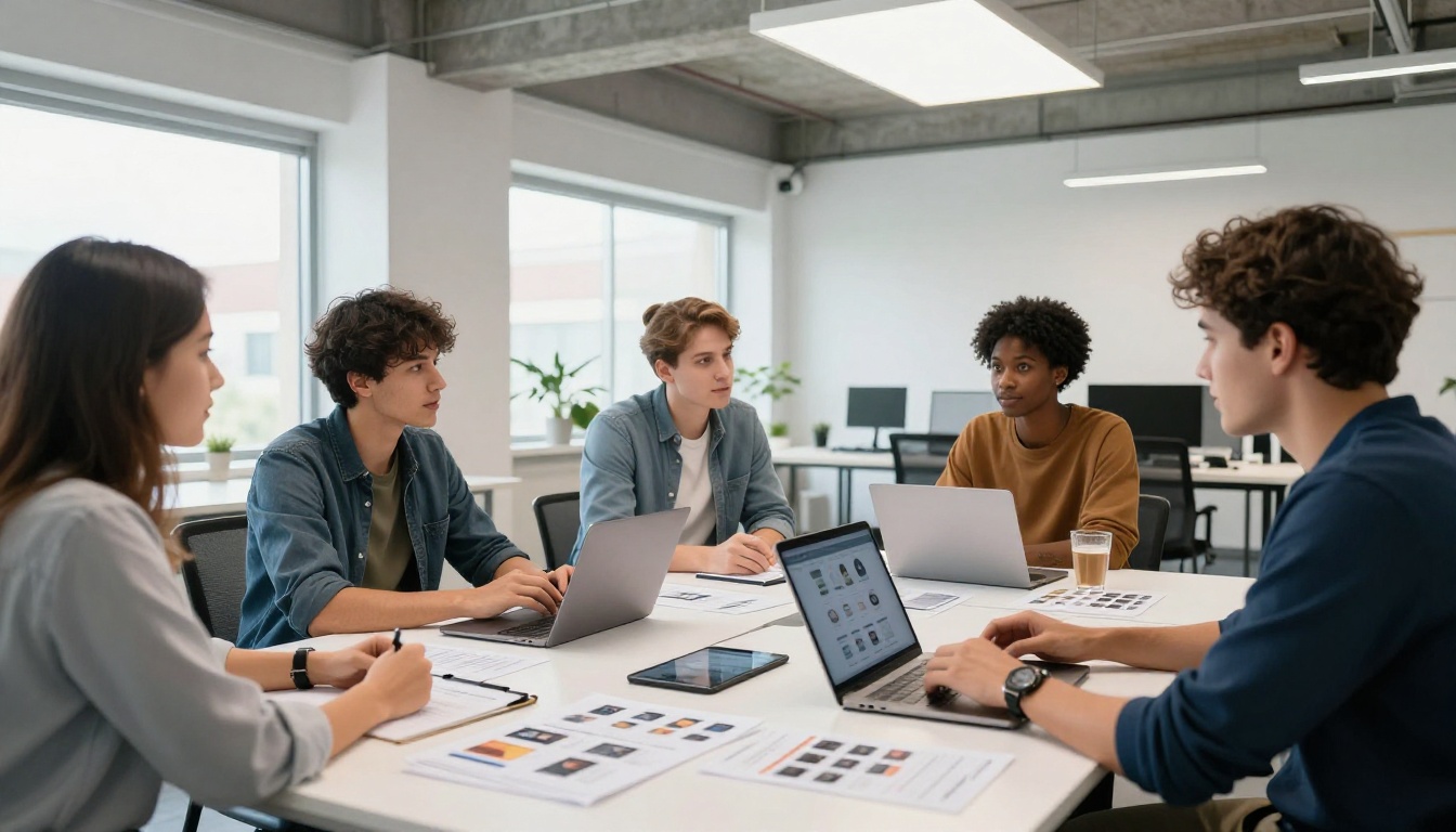 Team collaborating on digital catalog strategy in a bright modern office