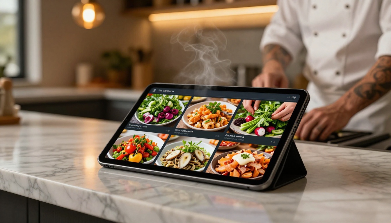 Restaurant digital menu catalog displayed on a tablet in a kitchen setting