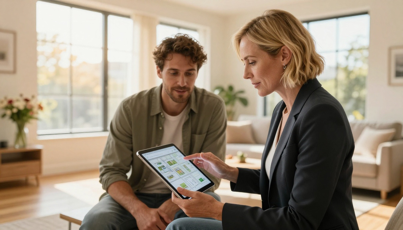 Real estate agent showing couple a property flipbook on iPad