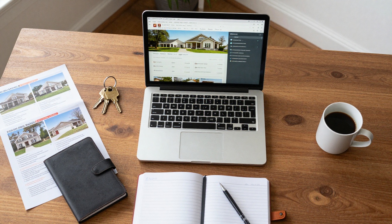 Real estate agent's desk with laptop showing property catalog, keys, and printed brochures