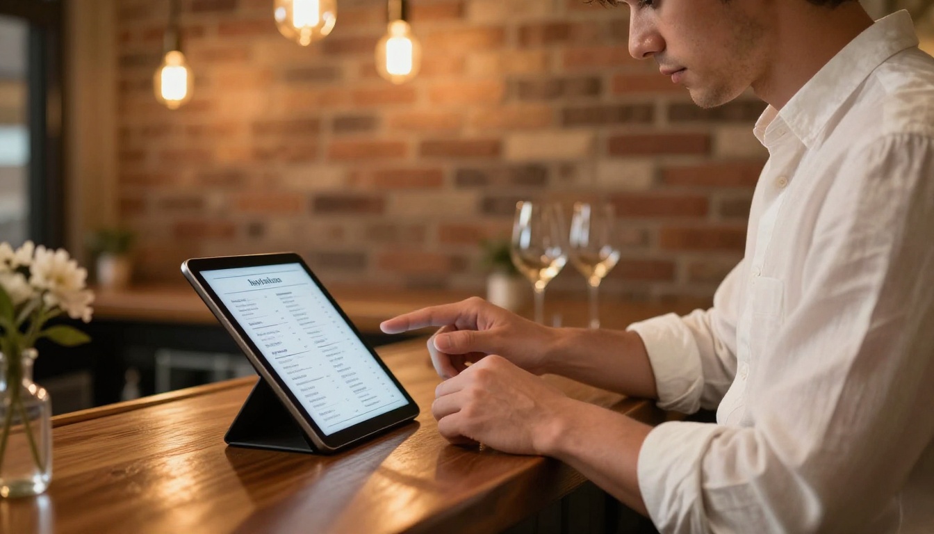 Restaurant manager reviewing digital menu flipbook on tablet