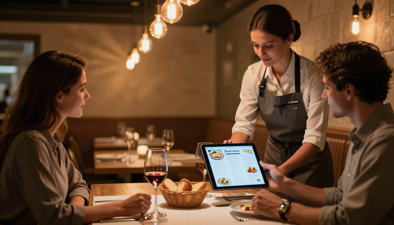 A waitress handing a tablet with a digital menu flipbook to a couple at a candlelit restaurant table with Edison bulb pendant lighting