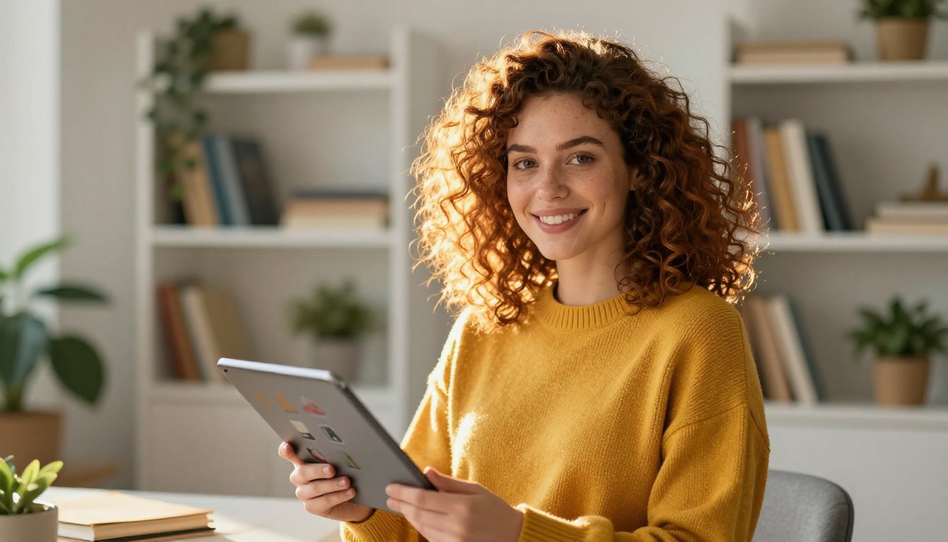 Young female entrepreneur holding a tablet with a digital product catalog in a home office with golden light