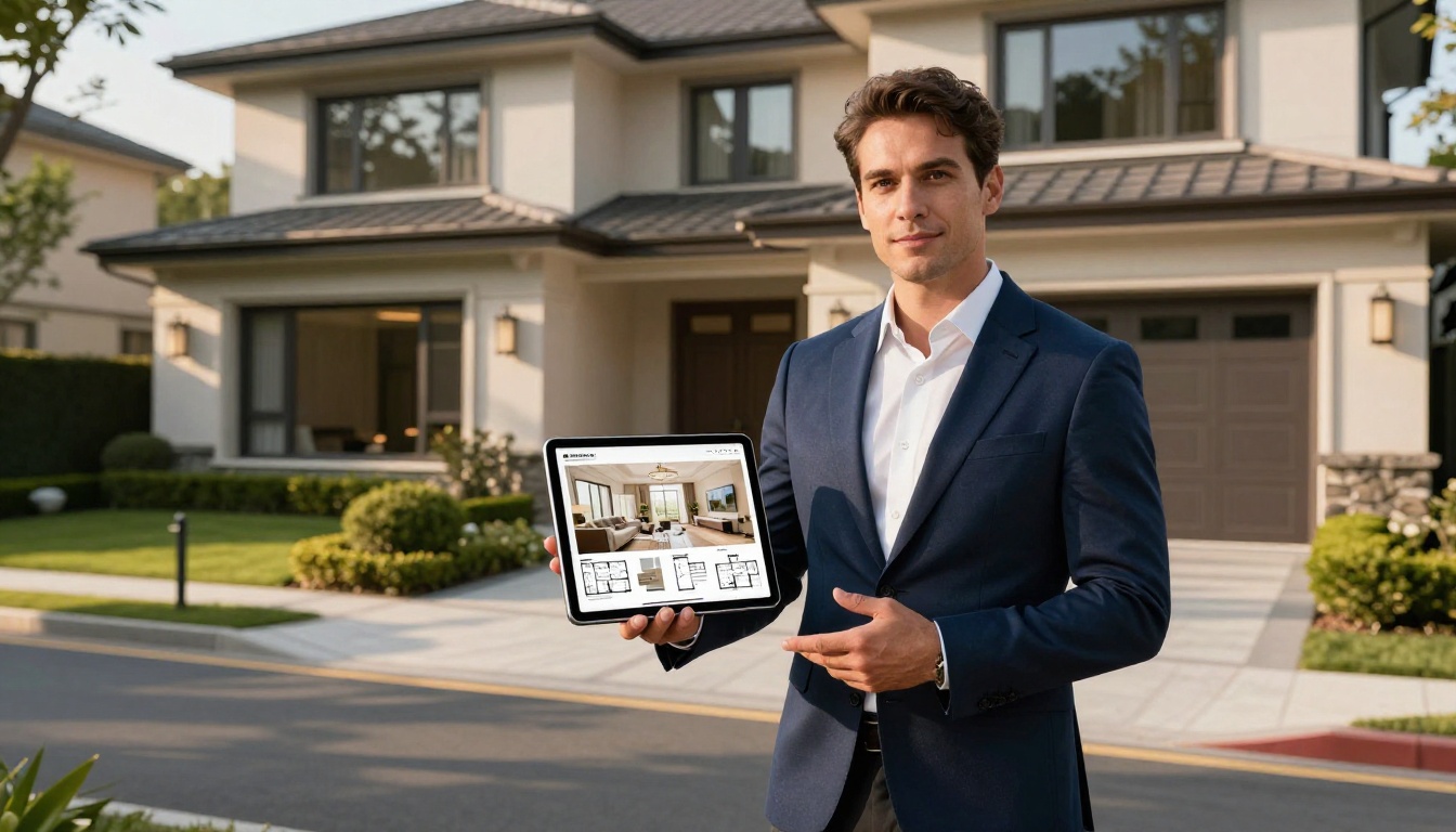 A real estate agent in a navy blazer standing outside a luxury property, holding a tablet displaying a property brochure flipbook with interior photography