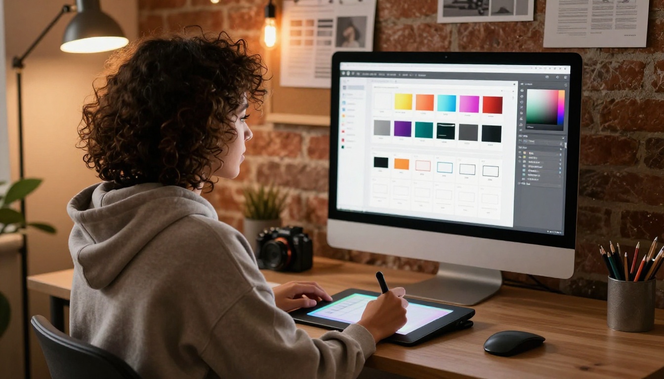 A woman with curly hair customizing a flipbook on an iMac with color swatches and branding tools visible, in a warm home studio with exposed brick walls