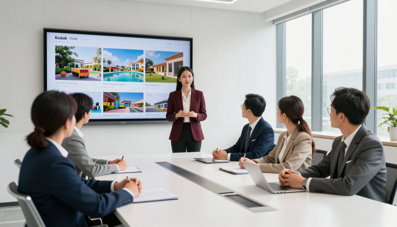 Sales team presenting flipbook catalog in boardroom