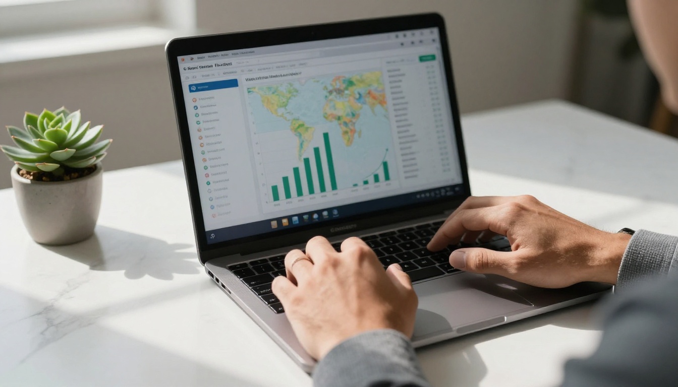 A businessman reviewing an analytics dashboard on a laptop with visitor graphs and heatmaps, on a white marble desk with morning window light from the left