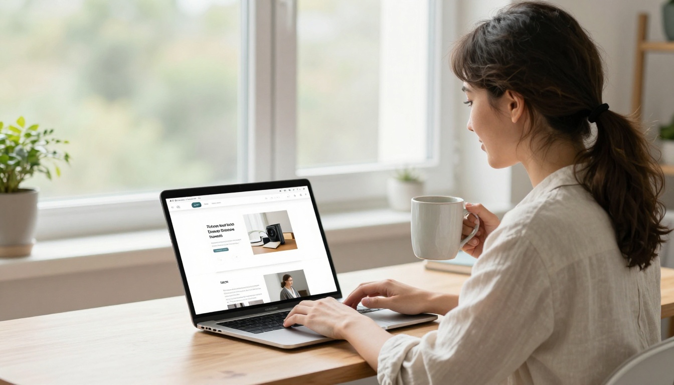 A woman blogger working on a MacBook with a website showing an embedded interactive flipbook in a content block, morning window light behind her